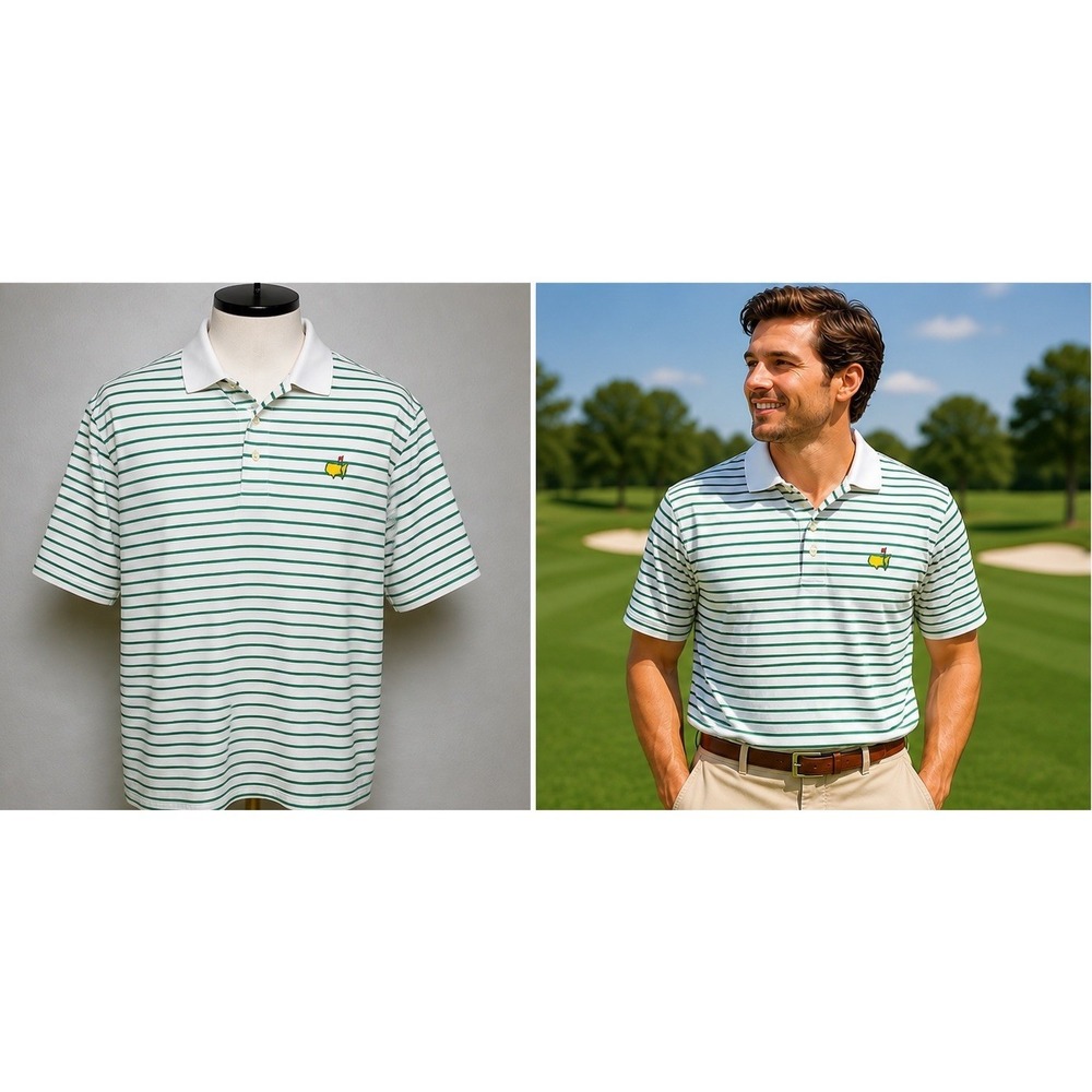 Masters Tech Men's Golf Polo Shirt L Large White Striped Short Sleeve Augusta